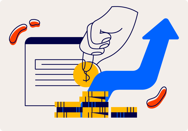 A hand depositing a coin in front of a growth chart