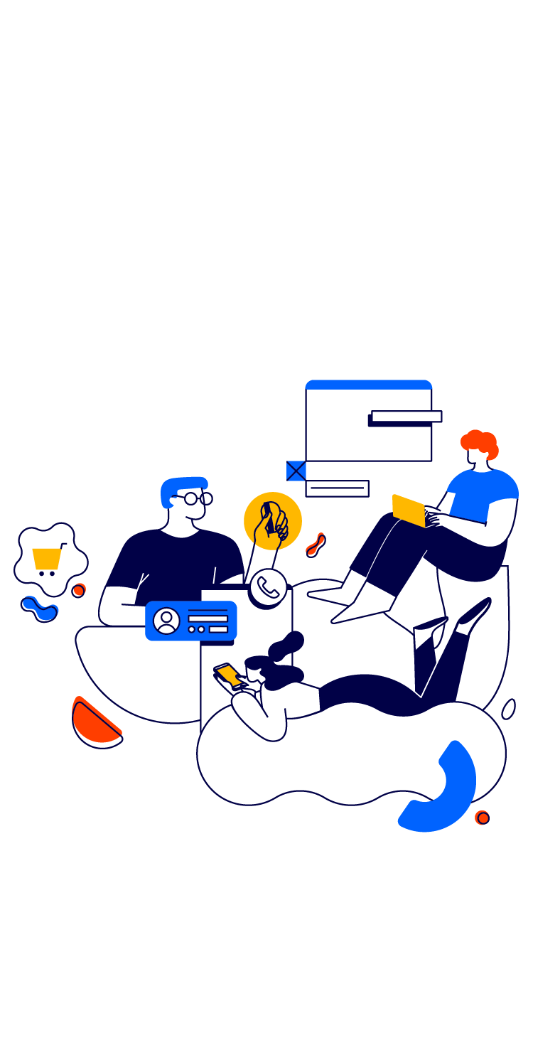A group of three people shop online and on the phone